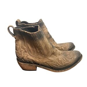 Liberty Black Leather Western Ankle Boots Distressed Laser Cut‎ Brown 10 1/2